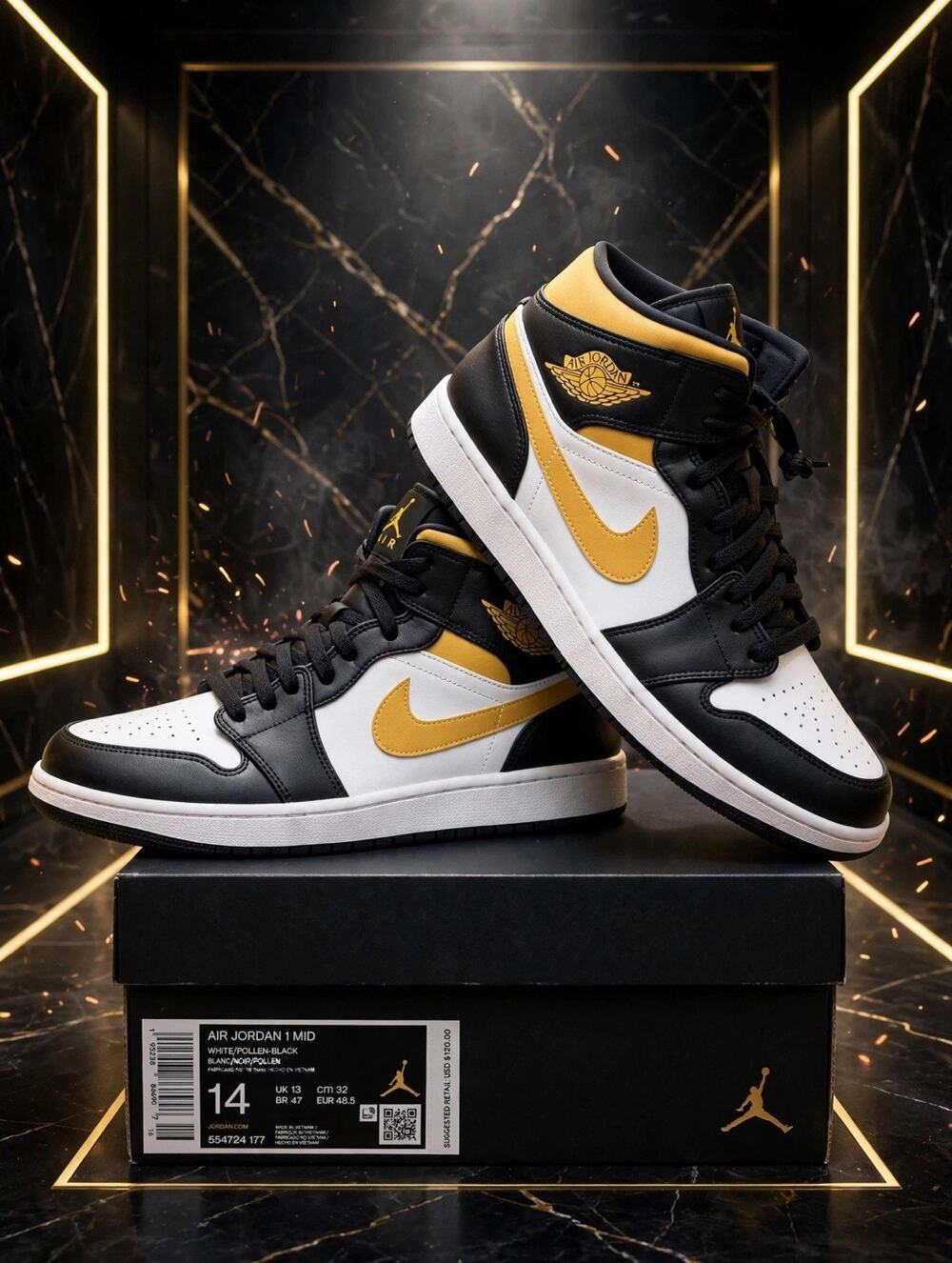 Size 14 - Jordan 1 Mid White Pollen Black 554724-177 Black Gold DS
